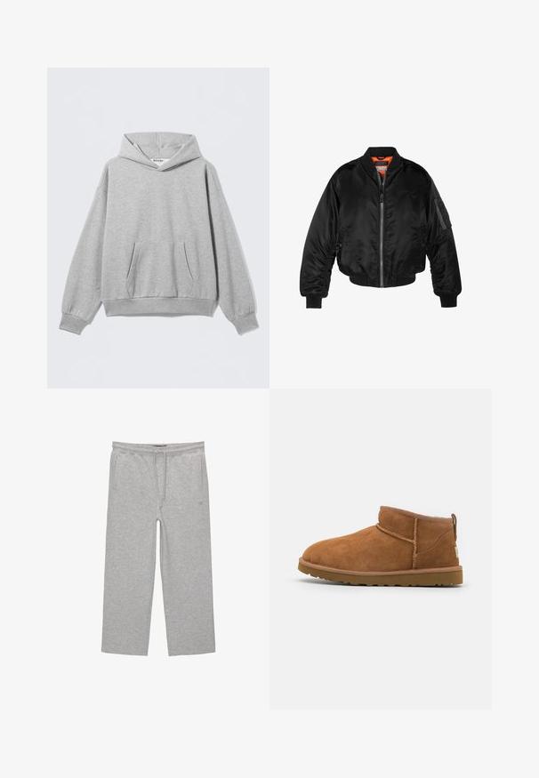 Zwarte bomberjack gemaakt van glanzende nylon stof met ribbelmanchetten, een ritssluiting aan de voorkant en een oranje voering. Bevat een ritssluiting zak op de mouw.; Lichtgrijze hoodie gemaakt van zacht materiaal, voorzien van een zak aan de voorkant, geribbelde manchetten en een losse pasvorm met een label bij de halslijn.; Grijze katoenen loungebroeken met een elastische tailleband, trekkoord en twee zijzakken; rechte pijpen, zachte textuur, zonder patronen.; Tan suède enkellaars met een ronde neus, subtiele stiksels en een gestructureerde rubberen zool. Korte hoogte zonder veters.