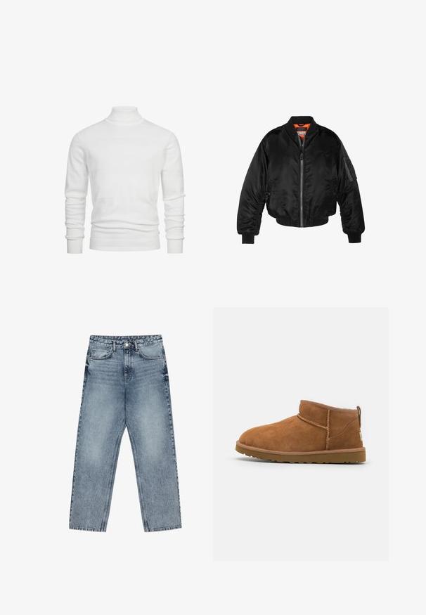 Sort bomberjakke lavet af skinnende nylonstof med ribbede manchetter, en lynlås fortil og en orange foring. Har en lynlåslomme på ærmet.; Hvid turtleneck sweater med teksturerede horisontale striber, ribbede manchetter og kant. Strikket stof giver et blødt, hyggeligt udseende.; Lysblå denim jeans med lige ben, synlig syning, fem lomme-design og knaplukning ved taljen.; Sandal mellemhøje støvler i tan ruskind med en rund tå, subtile syninger og en tekstureret gummisål. Kort højde uden snørebånd.