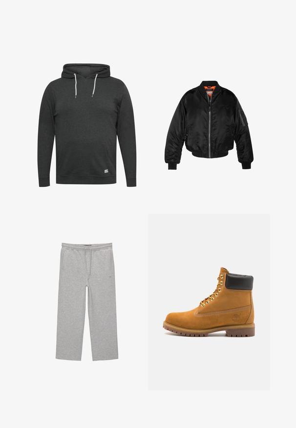 Jachetă bomber neagră dintr-un material nylon lucios, cu manșete ribbed, deschidere cu fermoar și căptușeală portocalie. Prezintă o buzunare cu fermoar pe mânecă.; Hanorac gri închis, fabricat dintr-un material moale, amestecat. Include o buzunar frontal, șnururi ajustabile și manșete și tiv din țesătură încrețită.; Pantaloni de lounge gri din bumbac, cu un brâu elastic, șnur și două buzunare laterale; design cu picior drept, textură moale, fără modele.; Cizmă de gleznă din întoarsă de culoare bej, cu guler negru căptușit, ochiuri din metal auriu, detalii de cusătură albă și talpă din cauciuc robustă, cu un model pronunțat.