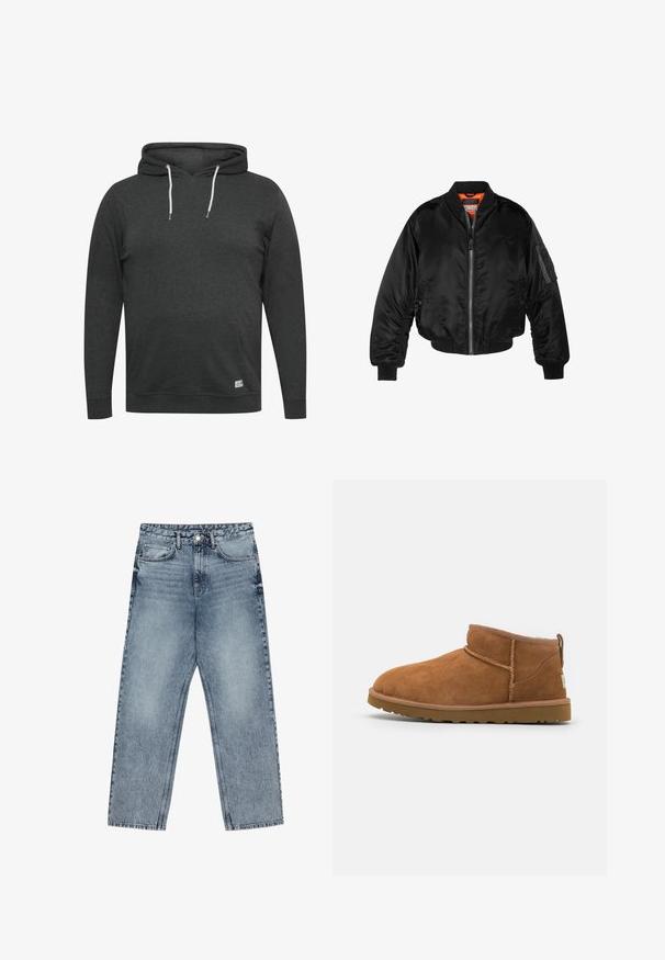 Chaqueta bomber negra hecha de tejido de nailon brillante con puños de canalé, cierre de cremallera en el frente y un forro naranja. Cuenta con un bolsillo con cremallera en la manga.; Sudadera gris oscuro hecha de una tela suave y combinada. Cuenta con un bolsillo frontal, cordones ajustables y puños y dobladillo acanalados.; Jeans de mezclilla azul claro con corte recto, costuras visibles, diseño de cinco bolsillos y cierre de botón en la cintura.; Bota de tobillo de ante de color marrón claro con punta redondeada, detalles de costura sutiles y una suela de goma texturizada. Altura corta sin cordones.