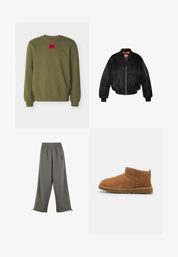 Sort bomberjakke lavet af skinnende nylonstof med ribbede manchetter, en lynlås fortil og en orange foring. Har en lynlåslomme på ærmet.; HUGO DIRAGOL - Sweatshirt - open green; Karl Kani KK OS SIDESTRIPE - Bukser - grey; Sandal mellemhøje støvler i tan ruskind med en rund tå, subtile syninger og en tekstureret gummisål. Kort højde uden snørebånd.