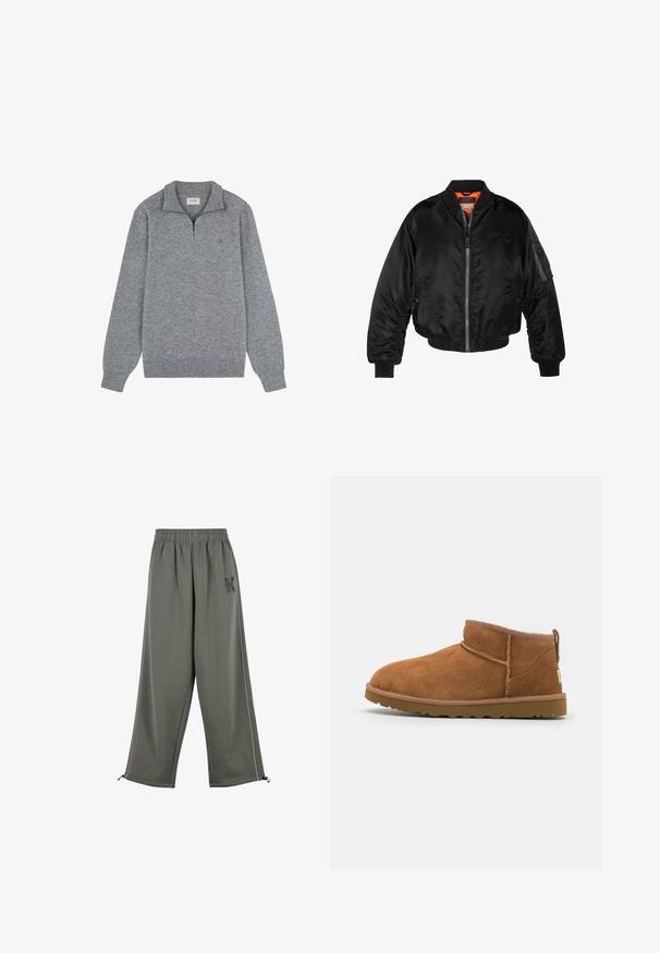 Czarna kurtka bombowiec wykonana z błyszczącego nylonowego materiału, z prążkowanymi mankietami, zamek z przodu i pomarańczową podszewką. Posiada kieszeń na zamku na rękawie.; Szary sweter z zamkiem przy kołnierzu, wykonany z miękkiego dzianiny. Posiada długie rękawy i subtelne logo na klatce piersiowej.; Karl Kani SIDESTRIPE jasnozielony melanż; Beżowe zamszowe botki za kostkę z okrągłym noskiem, subtelnymi detalami przeszyć oraz teksturowaną gumową podeszwą. Niskie, bez sznurówek.