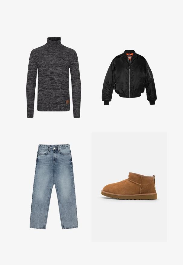 Musta pommittaja-takki, joka on valmistettu kiiltävästä nailonista, ribbettyistä hihansuista, vetoketjukiinnityksestä ja oranssista vuorauksesta. Takissa on vetoketjullinen tasku hihassa.; Tummanharmaa neulepusero, jossa on tekstuuripinnoite. Ominaisuuksia ovat vartalonmyötäinen muotoilu ja kudottu etiketti alaosassa edessä.; Vaaleansiniset farkut, joissa on suora lahje, näkyvät tikkaus, viisi taskua ja napin suljenta vyötäröllä.; Vaaleanruskeat mokkasaappaat nilkkapituiset, joissa on pyöristetty kärki, hienovaraiset ommeltydet ja teksturoitu kumipohja. Lyhyt malli ilman nauhoja.