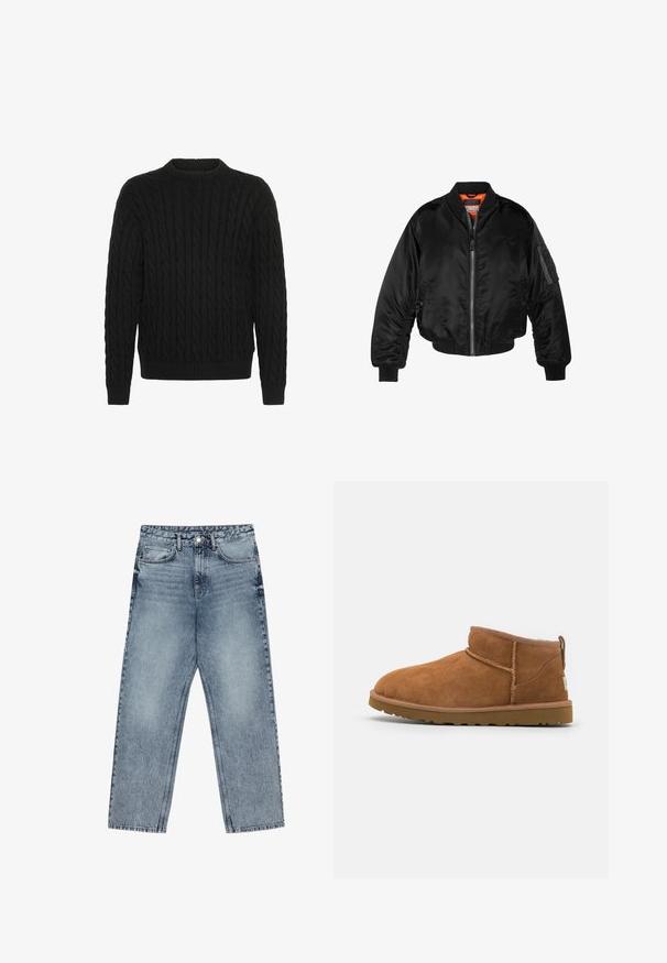 Černá bomber bunda vyrobená z lesklého nylonového materiálu s žebrovanými manžetami, zapínáním na zip a oranžovou podšívkou. Obsahuje zipovou kapsu na rukávu.; Solid SDMALCOLM - Svetr - true black; Světle modré džíny z denimu se střihom rovnými nohavicemi, viditelným šitím, designem s pěti kapsami a knoflíkovým zapínáním v pase.; Světlé semišové kotníkové boty s kulatou špičkou, jemnými švy a texturovanou gumovou podrážkou. Krátká výška bez šněrování.
