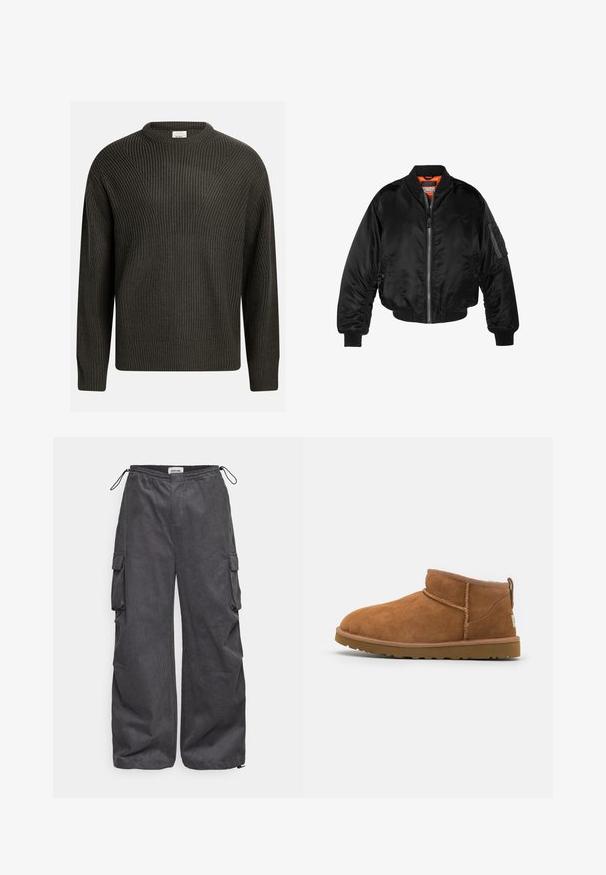 Black bomber jacket made of shiny nylon fabric with ribbed cuffs, a zip front, and an orange lining. Features a zip pocket on the sleeve.; Dark green, thick-knit sweater with a round neckline, dropped shoulders, and textured pattern throughout. Ribbed cuffs and hem.; Gray cargo pants with a textured fabric, elastic waistband, drawstring, and side pocket details. Loose fit with wide legs.; Tan suede ankle boot with a rounded toe, subtle stitching details, and a textured rubber sole. Short height without laces.
