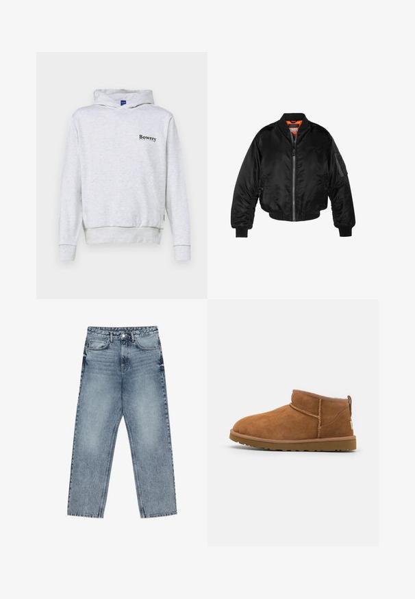 Černá bomber bunda vyrobená z lesklého nylonového materiálu s žebrovanými manžetami, zapínáním na zip a oranžovou podšívkou. Obsahuje zipovou kapsu na rukávu.; Světle šedá mikina s kapucí, klokankou a žebrovanými manžetami a spodním lemem. Na levé části hrudi je černý nápis "Bowery". Materiál je směs bavlny.; Světle modré džíny z denimu se střihom rovnými nohavicemi, viditelným šitím, designem s pěti kapsami a knoflíkovým zapínáním v pase.; Světlé semišové kotníkové boty s kulatou špičkou, jemnými švy a texturovanou gumovou podrážkou. Krátká výška bez šněrování.