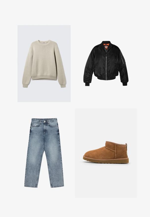 Veste bombardier noire en nylon brillant avec des poignets côtelés, un zip sur le devant et une doublure orange. Dotée d'une poche zippée sur la manche.; Pull en tricot beige avec un col rond, des manches longues et des bords côtes au niveau des poignets et de l'ourlet. Présente un motif texturé sur l'ensemble.; Jean en denim bleu clair avec une coupe droite, couture visible, design à cinq poches et fermeture à bouton à la taille.; Bottine en suède beige avec un bout rond, des détails de couture subtils et une semelle en caoutchouc texturée. Hauteur courte sans lacets.