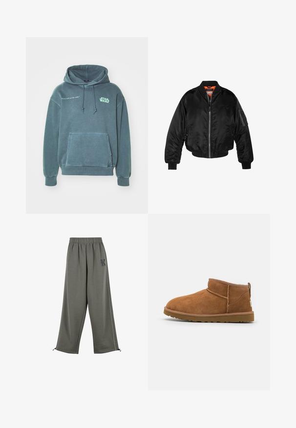 Giubbotto bomber nero realizzato in nylon lucido, con polsini a costine, chiusura con zip frontale e fodera arancione. Presenta una tasca con zip sulla manica.; Felpa verde scuro in cotone, con tasca frontale, polsini a costine e logo "Star Wars" con la citazione "Non dirmi le probabilità."; Karl Kani KK OS SIDESTRIPE - Pantaloni - grey; Stivaletto in camoscio color tan con punta rotonda, dettagli di cucitura discreti e suola in gomma texture. Altezza ridotta senza lacci.