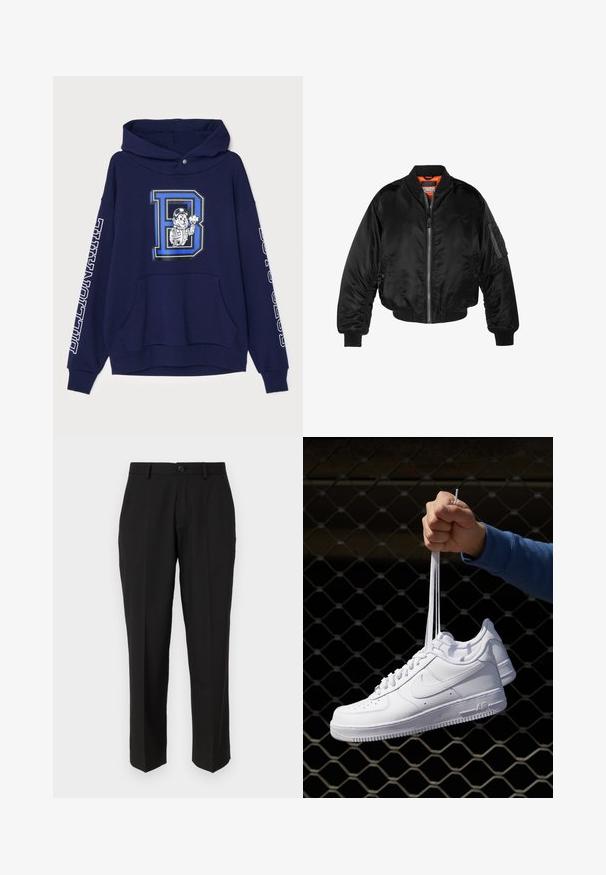 Jachetă bomber neagră dintr-un material nylon lucios, cu manșete ribbed, deschidere cu fermoar și căptușeală portocalie. Prezintă o buzunare cu fermoar pe mânecă.; Hanorac bleumarin din bumbac, cu un grafic mare al unui personaj și litera "D". Include o buzunar frontal și text alb pe mâneci.; Pantaloni negri dintr-un material neted, cu un design drept, buzunare frontale, închidere cu un singur nasture și fără modele vizibile.; Adidași albaștri din piele cu perforații, vârf rotund, talpă plată și șireturi groase, cu un logo swoosh vizibil și cu inscripția "AIR" pe toc.