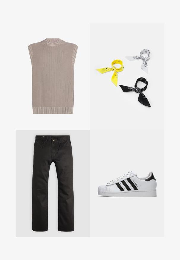Giubbotto bomber nero realizzato in nylon lucido, con polsini a costine, chiusura con zip frontale e fodera arancione. Presenta una tasca con zip sulla manica.; Maglione senza maniche beige in maglia con un motivo texturizzato, colletto e orlo a coste. Il materiale sembra morbido, con una vestibilità leggermente ampia.; Pantaloni neri a gamba dritta con chiusura frontale a bottone e zip, passanti per cintura e design a cinque tasche su uno sfondo chiaro.; Sneaker Adidas Superstar bianca con strisce nere, punta a conchiglia e testo "Superstar" sul lato, mostrata in profilo sinistro su sfondo bianco.; Tre bandane: una gialla con motivi neri, una bianca con disegni neri e una nera con grafiche bianche. Tutte sono quadrate e in tessuto leggero.