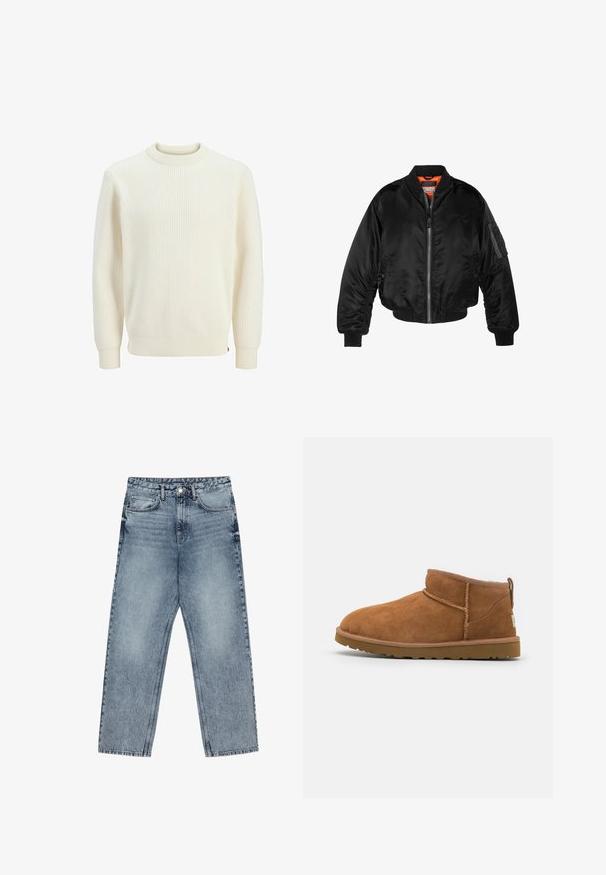 Sort bomberjakke lavet af skinnende nylonstof med ribbede manchetter, en lynlås fortil og en orange foring. Har en lynlåslomme på ærmet.; Cremefarvet ribbet sweater med rund halsudskæring, lange ærmer og elastiske manchetter. Stoffet ser tekstureret og let strækbart ud.; Lysblå denim jeans med lige ben, synlig syning, fem lomme-design og knaplukning ved taljen.; Sandal mellemhøje støvler i tan ruskind med en rund tå, subtile syninger og en tekstureret gummisål. Kort højde uden snørebånd.