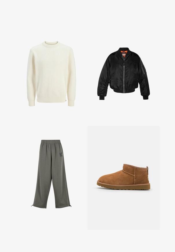 Black bomber jacket made of shiny nylon fabric with ribbed cuffs, a zip front, and an orange lining. Features a zip pocket on the sleeve.; Cream ribbed sweater with a round neckline, long sleeves, and elastic cuffs. The fabric appears textured and slightly stretchy.; Karl Kani KK OS SIDESTRIPE - Trousers - grey; Tan suede ankle boot with a rounded toe, subtle stitching details, and a textured rubber sole. Short height without laces.