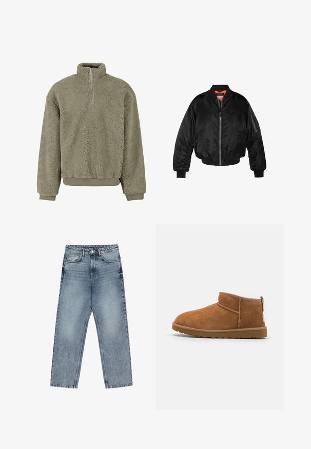 Sort bomberjakke lavet af skinnende nylonstof med ribbede manchetter, en lynlås fortil og en orange foring. Har en lynlåslomme på ærmet.; Fleece pullover i olivengrøn med en halvdels lynlås. Struktureret ydre og ribbede cuffs og kant. Den afslappede pasform tilføjer komfort.; Lysblå denim jeans med lige ben, synlig syning, fem lomme-design og knaplukning ved taljen.; Sandal mellemhøje støvler i tan ruskind med en rund tå, subtile syninger og en tekstureret gummisål. Kort højde uden snørebånd.