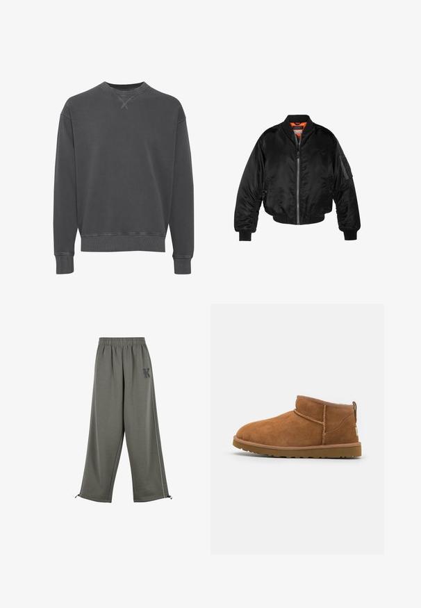 Zwarte bomberjack gemaakt van glanzende nylon stof met ribbelmanchetten, een ritssluiting aan de voorkant en een oranje voering. Bevat een ritssluiting zak op de mouw.; Donkergrijze sweater met ronde hals, gemaakt van een katoenblend, voorzien van ribgebreide manchetten en zoom, met een gestructureerde afwerking en subtiele steekdetails.; Karl Kani KK OS SIDESTRIPE - Broek - grey; Tan suède enkellaars met een ronde neus, subtiele stiksels en een gestructureerde rubberen zool. Korte hoogte zonder veters.