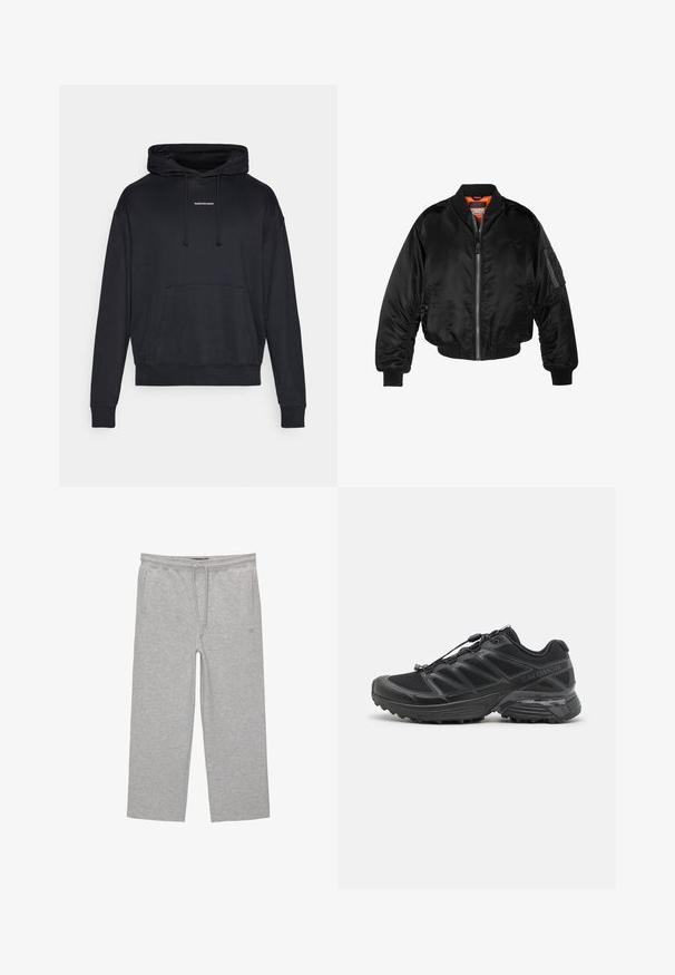 Čierna bomber bunda vyrobená z lesklého nylonového materiálu s rebrovými manžetami, predným zipsom a oranžovou podšívkou. Obsahuje zipsovú vrecko na rukáve.; Čierna mikina s kapucňou vyrobená z bavlnenej zmesi. Obsahuje predné vrecko, šnúrky a malé biele logo na hrudi. Voľný strih.; Šedé bavlnené nohavice na voľný čas s elastickým pásom, šnúrkou a dvomi bočnými vreckami; rovný strih nohavíc, jemná textúra, bez vzorov.; Čierne behacie topánky so sieťovinovým a syntetickým zvrškom, flexibilná podrážka a elastické šnúrky. Obsahuje polstrovanú medzipodrážku pre pohodlie.