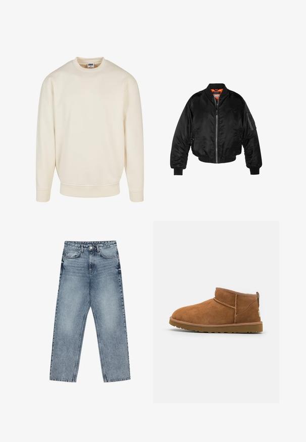 Jachetă bomber neagră dintr-un material nylon lucios, cu manșete ribbed, deschidere cu fermoar și căptușeală portocalie. Prezintă o buzunare cu fermoar pe mânecă.; Hanorac crem cu guler și manșete ribțuite. Are o croială lejeră, o textură moale și nu are modele sau grafică vizibile.; Jeans din denim de culoare albastru deschis, cu croială dreaptă, cusături vizibile, design cu cinci buzunare și închidere cu nasture la talie.; Botină antrenașă din suede bej, cu vârf rotund, detalii subtile de cusătură și o talpă din cauciuc texturată. Înălțime scurtă fără șireturi.