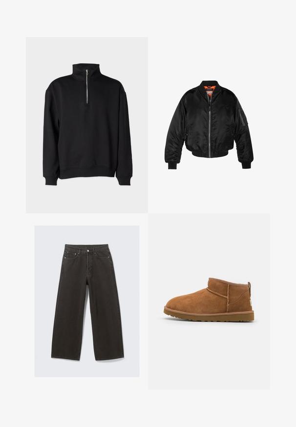 Schwarze Bomberjacke aus glänzendem Nylonstoff mit gerippten Bündchen, durchgehendem Reißverschluss und orangefarbenem Futter. Verfügt über eine Reißverschlusstasche am Ärmel.; Schwarzer Pullover mit hohem Kragen, ausgestattet mit einem Halbreißverschluss, langen Ärmeln und gerippten Bündchen sowie Saum. Weicher Stoffeindruck.; Hochwaisted, weit geschnittene schwarze Denim-Jeans verfügen über ein Fünf-Taschen-Design und einen Knopfverschluss. Der Stoff hat eine weiche, strukturierte Oberfläche.; Hellbraune Wildleder-Stiefelette mit runder Zehenform, dezenten Nähdetails und einer strukturierten Gummisohle. Kurze Höhe ohne Schnürsenkel.