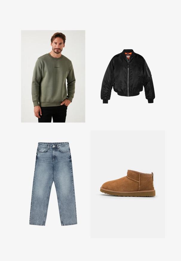 Sort bomberjakke lavet af skinnende nylonstof med ribbede manchetter, en lynlås fortil og en orange foring. Har en lynlåslomme på ærmet.; Olivengrøn sweatshirt lavet af blødt stof, med rund halsudskæring og broderet logo på brystet. Slim fit, lange ærmer.; Lysblå denim jeans med lige ben, synlig syning, fem lomme-design og knaplukning ved taljen.; Sandal mellemhøje støvler i tan ruskind med en rund tå, subtile syninger og en tekstureret gummisål. Kort højde uden snørebånd.