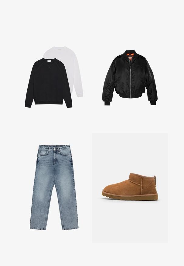 Črna bomberska jakna iz sijočega najlonskega materiala z rebrastimi manšeti, z zadrgo na sprednji strani in oranžno podlogo. Ima žep z zadrgo na rokavu.; Črne in bele majice s krožnim izrezom, izdelane iz mehkega blaga. Črna ima temen pas in manšete; bela ima svetle manšete.; Svijetloplave traperice s ravnim krojem, vidljivim šavovima, dizajnom od pet džepova i kopčanjem na gumbu u struku.; Tanen semiš škornji do gležnjev z zaobljenim nosom, subtilnimi šivi in teksturirano gumijasto podplatom. Kratka višina brez vezalk.