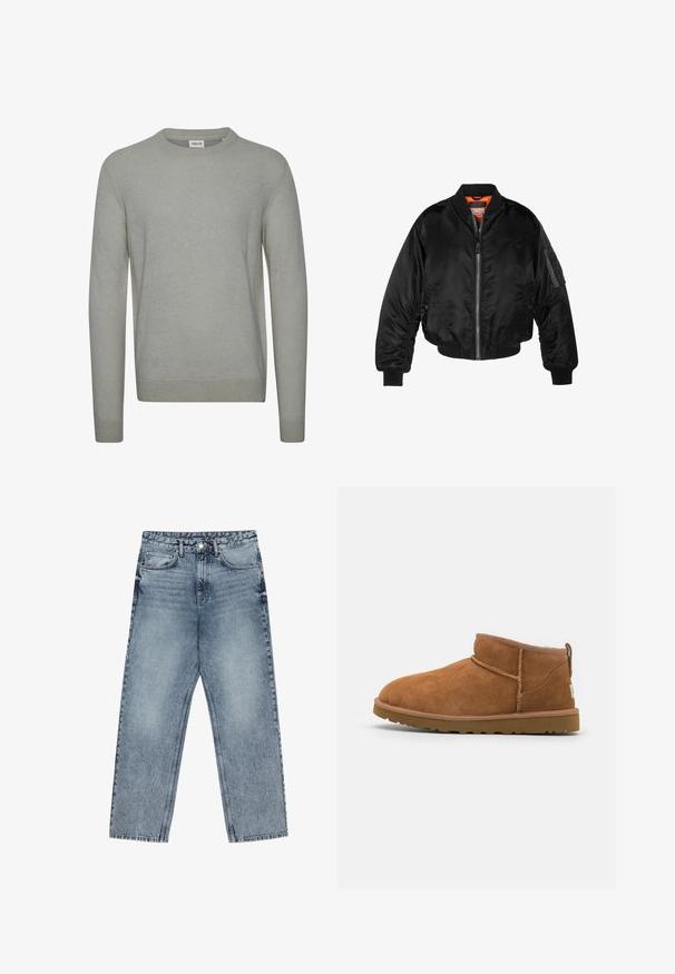 Must noirist bomber-jakk, mis on valmistatud läikivast nailonist kangast, ribikätistega, lukk ees ja oranž vooder. Omab lukuga taskut varruka peal.; Hele halli kudumüts, millel on ümar kaelus, pikad varrukad ning ribakujundusega mansetid ja alläär. Lihtne, ühevärviline disain.; Heledad sinine teksad sirge lõikega, nähtavate õmblustega, viie taskuga disain ja nupuga kinnitamine vööl.; Kerged suede pahklipüne, ümarate varvastega, delikaatsed õmblustead ja tekstureeritud kummist tald. Lühike kõrgus ilma paeltega.