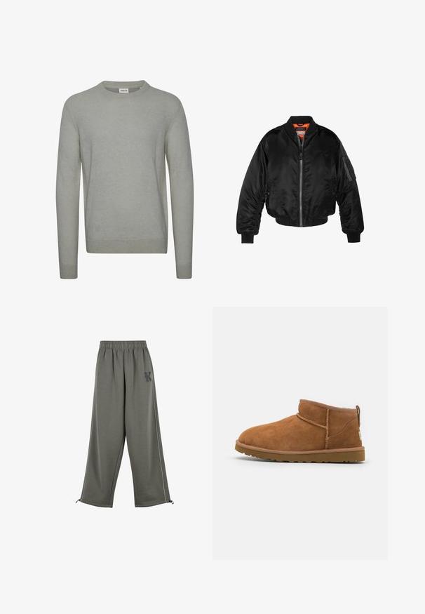 Black bomber jacket made of shiny nylon fabric with ribbed cuffs, a zip front, and an orange lining. Features a zip pocket on the sleeve.; Light gray sweater made of knitted fabric, featuring a crew neck, long sleeves, and ribbed cuffs and hem. Simple, solid color design.; Karl Kani KK OS SIDESTRIPE - Trousers - grey; Tan suede ankle boot with a rounded toe, subtle stitching details, and a textured rubber sole. Short height without laces.