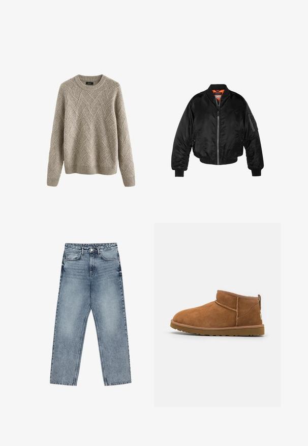 Černá bomber bunda vyrobená z lesklého nylonového materiálu s žebrovanými manžetami, zapínáním na zip a oranžovou podšívkou. Obsahuje zipovou kapsu na rukávu.; Svetle béžový pletený svetr s texturovaným diamantovým vzorem, kulatým výstřihem a žebrovanými manžetami a spodním lemem.; Světle modré džíny z denimu se střihom rovnými nohavicemi, viditelným šitím, designem s pěti kapsami a knoflíkovým zapínáním v pase.; Světlé semišové kotníkové boty s kulatou špičkou, jemnými švy a texturovanou gumovou podrážkou. Krátká výška bez šněrování.