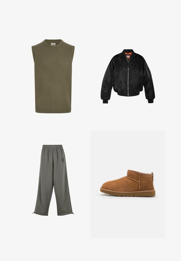 Zwarte bomberjack gemaakt van glanzende nylon stof met ribbelmanchetten, een ritssluiting aan de voorkant en een oranje voering. Bevat een ritssluiting zak op de mouw.; Mouwloze trui in olijfgroen, geribbelde breistekstuur, ronde halslijn, rechte snit en subtiele zoomdetail. Merkenlabel zichtbaar aan de binnenkant.; Karl Kani KK OS SIDESTRIPE - Broek - grey; Tan suède enkellaars met een ronde neus, subtiele stiksels en een gestructureerde rubberen zool. Korte hoogte zonder veters.