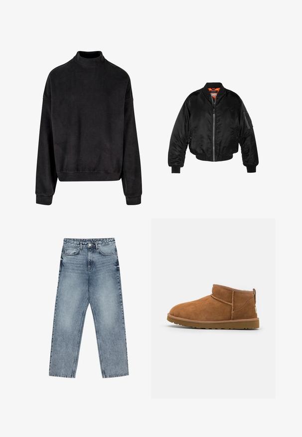 Black bomber jacket made of shiny nylon fabric with ribbed cuffs, a zip front, and an orange lining. Features a zip pocket on the sleeve.; Black sweatshirt with a high neck, long sleeves, and a relaxed fit. Made from a soft fabric with a smooth texture and ribbed cuffs.; Light blue denim jeans with a straight leg cut, visible stitching, five pocket design, and a button closure at the waist.; Tan suede ankle boot with a rounded toe, subtle stitching details, and a textured rubber sole. Short height without laces.