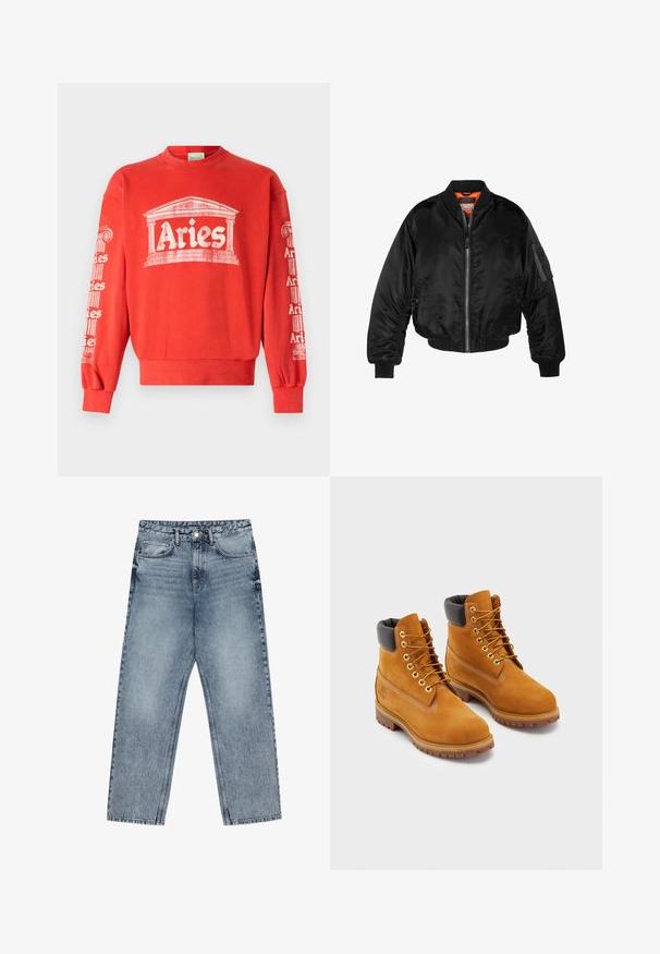 Giubbotto bomber nero realizzato in nylon lucido, con polsini a costine, chiusura con zip frontale e fodera arancione. Presenta una tasca con zip sulla manica.; Felpa rossa con colletto rotondo, dotata di una grafica bianca di una colonna e della parola "Ariete" sulla parte anteriore e sulle maniche. Il tessuto è in morbido cotone.; Jeans in denim azzurro chiaro con taglio a gamba dritta, cuciture visibili, design a cinque tasche e chiusura a bottoni in vita.; Stivaletti da lavoro in pelle color testa di moro con colletto imbottito nero, occhielli dorati e suole in gomma marrone. Presentano cuciture a contrasto e un logo sul lato.