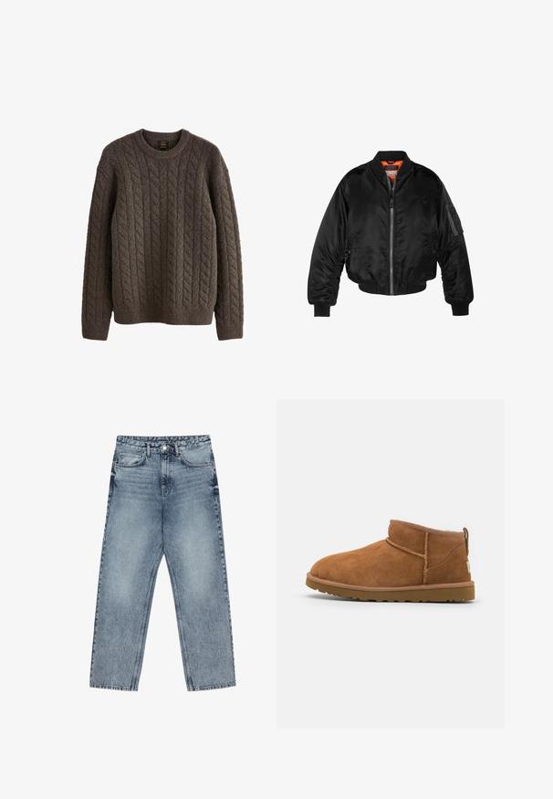 Čierna bomber bunda vyrobená z lesklého nylonového materiálu s rebrovými manžetami, predným zipsom a oranžovou podšívkou. Obsahuje zipsovú vrecko na rukáve.; Hnedý sveter s pleteným vzorom vyrobený z texturovanej vlny, s kruhovým výstrihom a dlhými rukávmi s rebrovanými manžetami a spodným lemom.; Svetlomodré džíny s rovnými nohavicami, viditeľným prešívaním, dizajnom s piatimi vreckami a zapínaním na gombík v oblasti pása.; Svetlohnedé semišové kotníkové boty s kulatou špičkou, jemnými stehy a texturovanou gumovou podrážkou. Krátká výška bez šněrování.