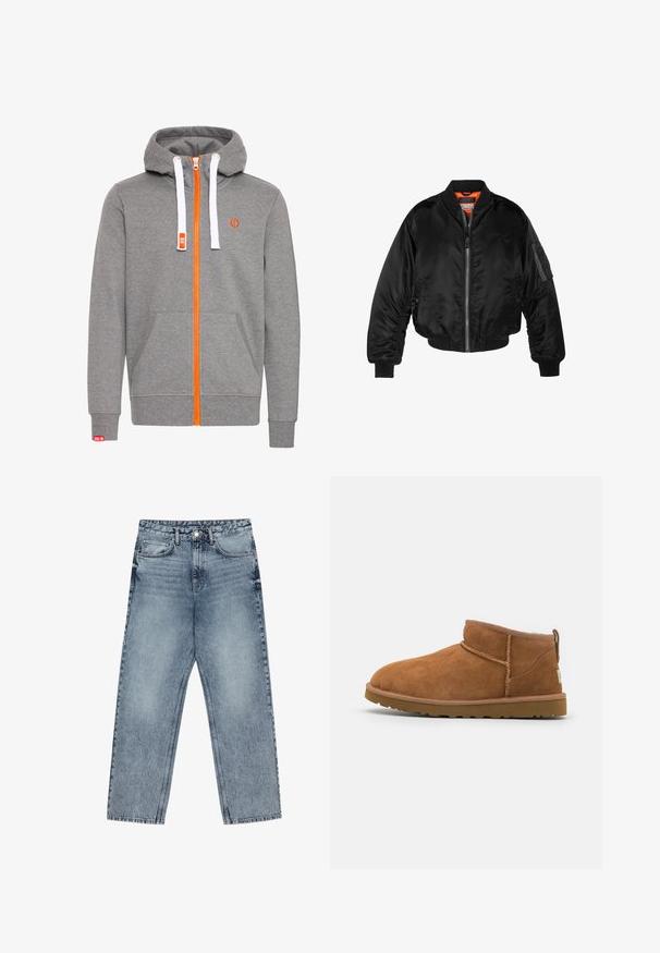 Chaqueta bomber negra hecha de tejido de nailon brillante con puños de canalé, cierre de cremallera en el frente y un forro naranja. Cuenta con un bolsillo con cremallera en la manga.; Sudadera gris con zip y detalles en naranja. Cuenta con cordones blancos, bolsillos tipo canguro y puños acanalados. Textura de tela suave.; Jeans de mezclilla azul claro con corte recto, costuras visibles, diseño de cinco bolsillos y cierre de botón en la cintura.; Bota de tobillo de ante de color marrón claro con punta redondeada, detalles de costura sutiles y una suela de goma texturizada. Altura corta sin cordones.