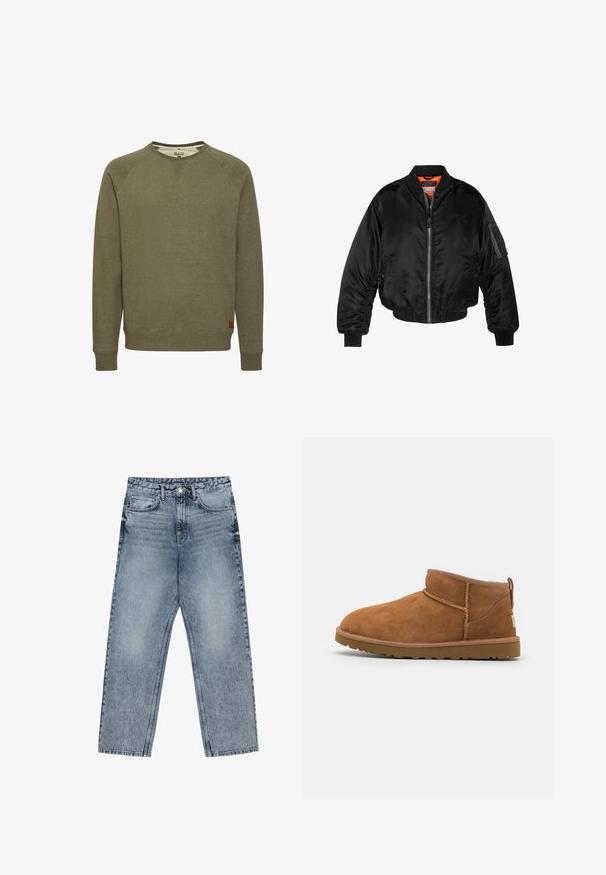 Sort bomberjakke lavet af skinnende nylonstof med ribbede manchetter, en lynlås fortil og en orange foring. Har en lynlåslomme på ærmet.; Olivengrøn sweatshirt lavet af blødt stof, med rund hals, ribbede manchetter og kant, samt et lille rødt logo-tag i nederste venstre hjørne.; Lysblå denim jeans med lige ben, synlig syning, fem lomme-design og knaplukning ved taljen.; Sandal mellemhøje støvler i tan ruskind med en rund tå, subtile syninger og en tekstureret gummisål. Kort højde uden snørebånd.