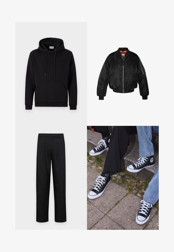 Musta pommittaja-takki, joka on valmistettu kiiltävästä nailonista, ribbettyistä hihansuista, vetoketjukiinnityksestä ja oranssista vuorauksesta. Takissa on vetoketjullinen tasku hihassa.; Mustapusero, joka on valmistettu puuvilla-rikkaasta kankaasta, sisältää etutaskun, nyörikuvaa hupussa ja joustavat hihansuut. Yksinkertainen ja rento muotoilu.; Mustat housut, jotka on valmistettu sileästä kankaasta, suoran lahkeen muotoilulla, kahdella etupleekillä ja tavanomaisella vyötäröllä, jossa on vyölenkit.; Mustat korkeat kangaslenkkarit, joissa on valkoiset kumipohjat ja nauhat, sivussa on pyöreä logo, ja ne on yhdistetty farkkuihin ja mustiin housuihin.