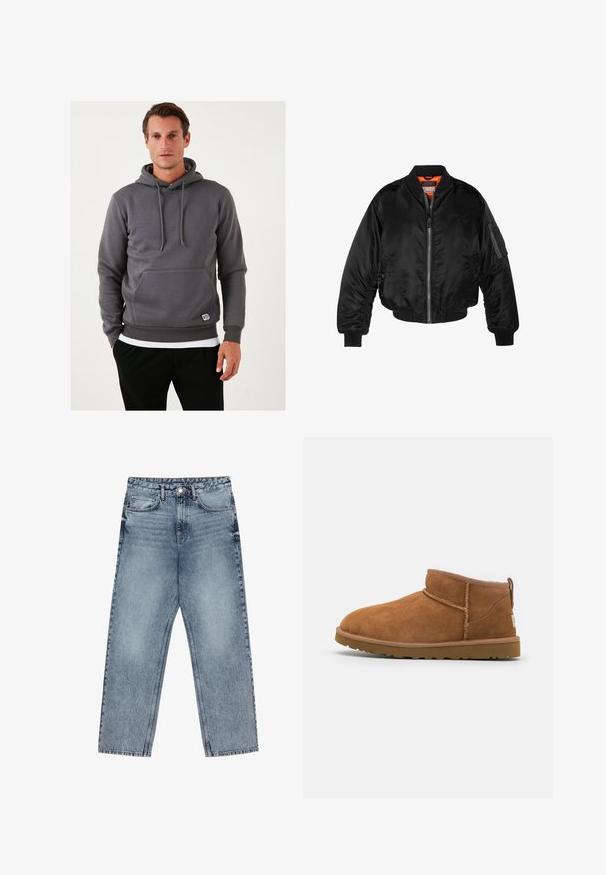 Sort bomberjakke lavet af skinnende nylonstof med ribbede manchetter, en lynlås fortil og en orange foring. Har en lynlåslomme på ærmet.; Grå hætte sweatshirt med kængurulomme, snørebånd, ribbede manchetter og kant. Tekstureret stof med en lille logo-patch foran.; Lysblå denim jeans med lige ben, synlig syning, fem lomme-design og knaplukning ved taljen.; Sandal mellemhøje støvler i tan ruskind med en rund tå, subtile syninger og en tekstureret gummisål. Kort højde uden snørebånd.