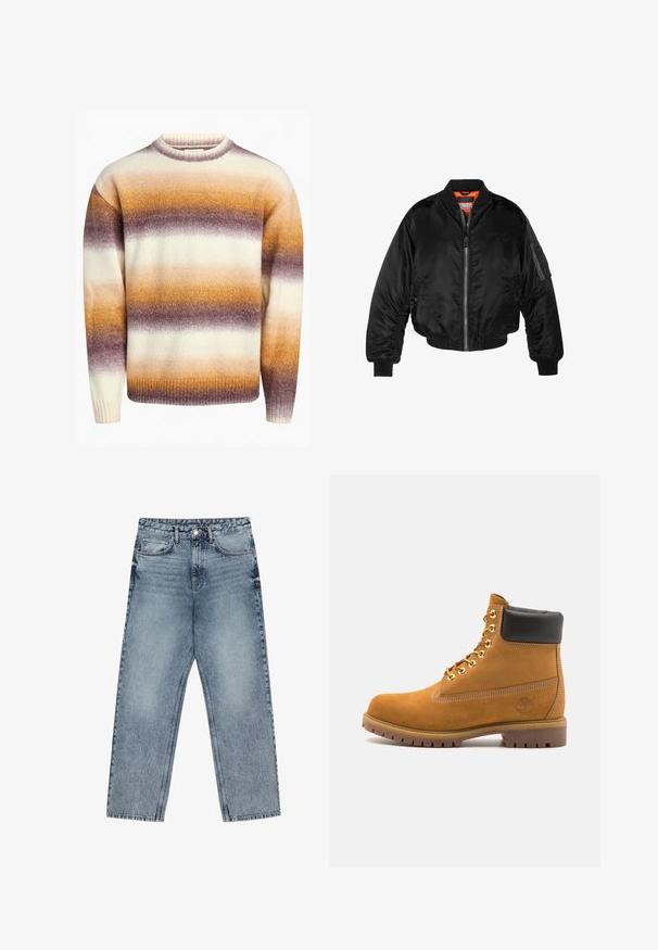 Svart bomberjakke laget av blank nylonstoff med ribbede mansjetter, glidelås foran og oransjefôr. Har en glidelåslomme på ermet.; Redefined Rebel JOSEPH BOXY FIT - Strikkegenser - caramel cafe; Lys blå denimjeans med rett benkutt, synlige sømmer, fem lommers design og knappelukking i livet.; Beige semskede ankelstøvel med svart polstret krage, gullmetalløyer, hvite sømdetaljer og robust gummisåle med påfallende mønster.