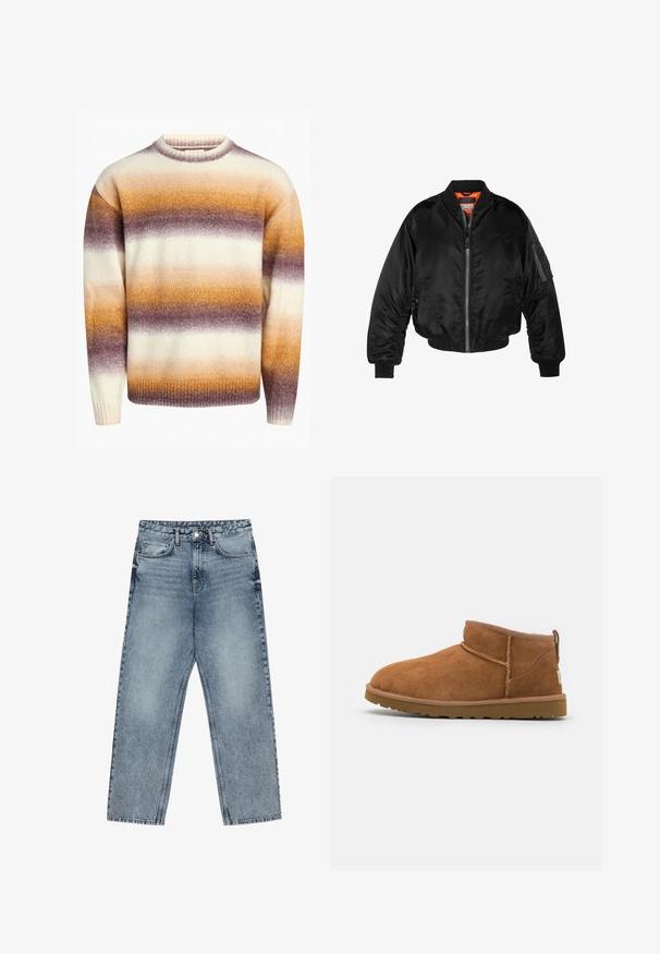Czarna kurtka bombowiec wykonana z błyszczącego nylonowego materiału, z prążkowanymi mankietami, zamek z przodu i pomarańczową podszewką. Posiada kieszeń na zamku na rękawie.; Redefined Rebel - Sweter; Jasnoniebieskie dżinsy z prostymi nogawkami, widocznym przeszyciem, pięcioma kieszeniami oraz zapięciem na guzik w talii.; Beżowe zamszowe botki za kostkę z okrągłym noskiem, subtelnymi detalami przeszyć oraz teksturowaną gumową podeszwą. Niskie, bez sznurówek.