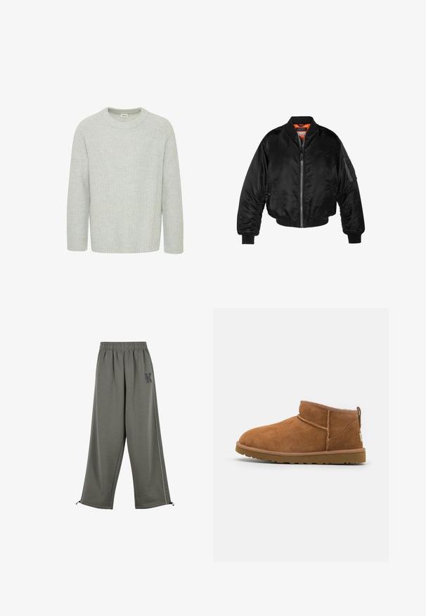 Jachetă bomber neagră dintr-un material nylon lucios, cu manșete ribbed, deschidere cu fermoar și căptușeală portocalie. Prezintă o buzunare cu fermoar pe mânecă.; Pulover tricotat de culoare gri deschis, cu maneci trei sferturi si decolteu rotund, avand un model texturat si o croiala lejera.; Karl Kani KK OS SIDESTRIPE - Pantaloni - grey; Botină antrenașă din suede bej, cu vârf rotund, detalii subtile de cusătură și o talpă din cauciuc texturată. Înălțime scurtă fără șireturi.
