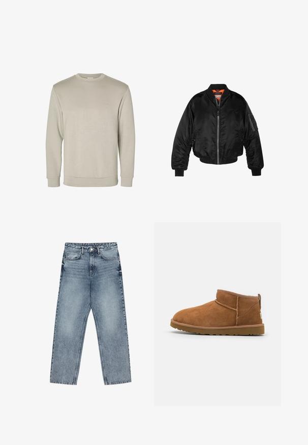 Jaqueta bomber preta feita de tecido de nylon brilhante com punhos em malha, fecho éclair na frente e forro laranja. Apresenta um bolso com fecho éclair na manga.; Sweatshirt bege de manga longa com decote redondo, feito de material macio, com punhos e barra canelados, possui uma textura suave e um design minimalista.; Deve azul claro com corte reto, costura visível, design de cinco bolsos e fecho de botão na cintura.; Botim de tornozelo em camurça castanha com biqueira arredondada, detalhes de costura subtil e sola de borracha texturizada. Altura curta sem atacadores.