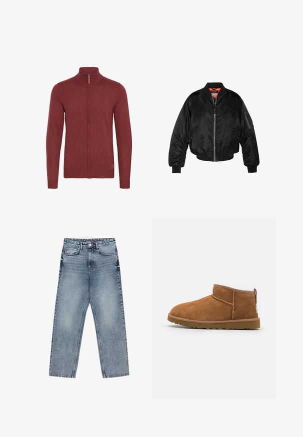Black bomber jacket made of shiny nylon fabric with ribbed cuffs, a zip front, and an orange lining. Features a zip pocket on the sleeve.; Red zip-up sweater with a high collar, ribbed cuffs and hem. Knit texture, features a small leather accent near the zipper.; Light blue denim jeans with a straight leg cut, visible stitching, five pocket design, and a button closure at the waist.; Tan suede ankle boot with a rounded toe, subtle stitching details, and a textured rubber sole. Short height without laces.