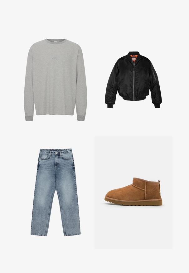 Crna bomberska jakna izrađena od sjajnog najlonskog materijala s rebrastim manžetama, prednjim zatvaračem i narančastim podstavom. Ima zip džep na rukavu.; Sivi dukserica dugih rukava od rebrastog materijala s okruglim izrezom i izvezenim "ABC" na prsima. Opusti kroj s manžetama na rukavima.; Svijetloplave traperice ravnog kroja, vidljivo šivanje, dizajn s pet džepova i kopčanje na gumbu u struku.; Tamnasti antilop čizme do gležnja s zaobljenim vrhom, suptilnim detaljima šivanja i teksturiranom gumom potplatom. Niska visina bez pertli.