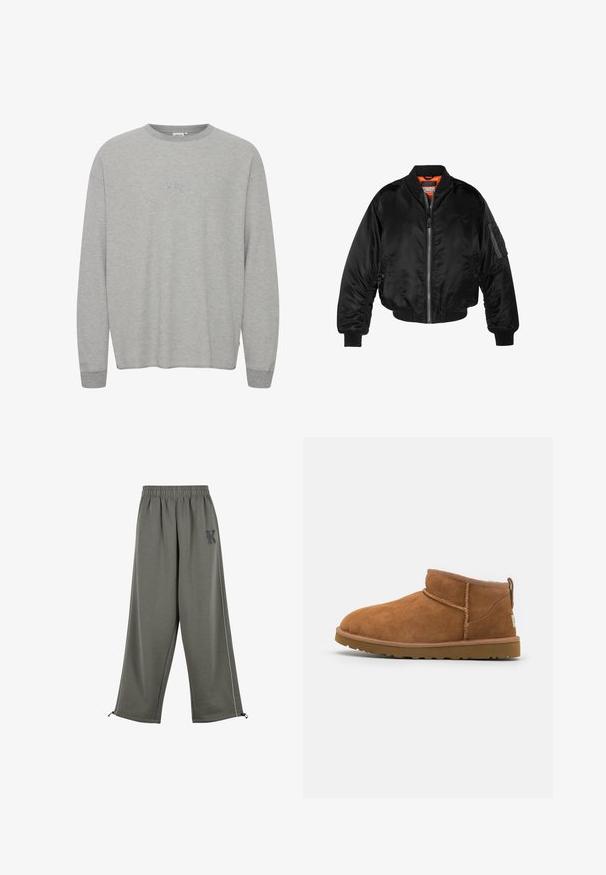 Svart bomberjakke laget av blank nylonstoff med ribbede mansjetter, glidelås foran og oransjefôr. Har en glidelåslomme på ermet.; Grå langermet topp laget av ribbet stoff med rund hals og brodert "ABC" på brystet. Løs passform med mansjetter på ermene.; Karl Kani KK OS SIDESTRIPE - Bukse - grey; Tan semsket ankelstøvel med rund tå, subtile stikninger og en teksturert gummisåle. Kort høyde uten snøring.