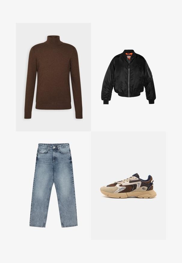 Chaqueta bomber negra hecha de tejido de nailon brillante con puños de canalé, cierre de cremallera en el frente y un forro naranja. Cuenta con un bolsillo con cremallera en la manga.; Suéter marrón de cuello de tortuga hecho de material suave, con mangas largas, un diseño ajustado y detalles acanalados en el cuello y el dobladillo.; Jeans de mezclilla azul claro con corte recto, costuras visibles, diseño de cinco bolsillos y cierre de botón en la cintura.; Zapatillas beige y marrón con paneles de malla texturizada, acentos de ante y suela de goma. Presenta un diseño de cordones y detalles de marca.