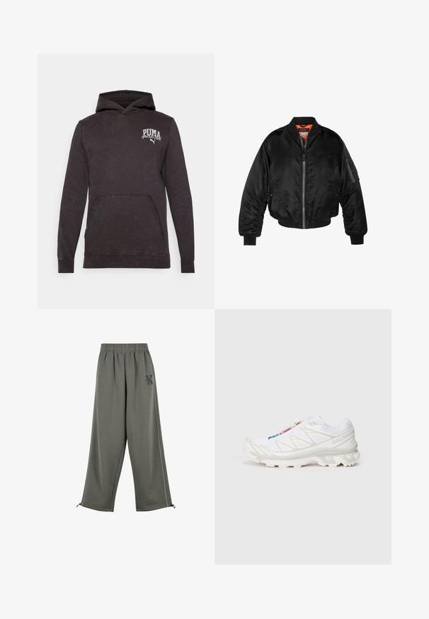 Musta pommittaja-takki, joka on valmistettu kiiltävästä nailonista, ribbettyistä hihansuista, vetoketjukiinnityksestä ja oranssista vuorauksesta. Takissa on vetoketjullinen tasku hihassa.; Mustapaitainen puuvillahuppari, jossa on edessä kengurupocket, ribat kaulushihnat ja rinta-logo valkoisella "PUMA sports club" tekstillä.; Karl Kani KK OS SIDESTRIPE - Housut - grey; Valkoiset urheilukengät, joissa on teksturoitu verkkomateriaali, heijastavat yksityiskohdat ja pehmustettu pohja. Huomattava brändilogo sivussa.