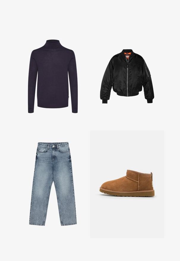 Fekete bomberdzseki fényes nylonból, bordás mandzsettákkal, cipzáros elülső résszel és narancssárga béléssel. Ujján cipzáras zseb található.; Sötétkék garbó pulóver könnyű, finom kötésű anyagból. Hosszú ujjakkal és magas gallérral rendelkezik. Sima textúra, egyszerű dizájn.; Világoskék farmernadrág egyenes szárú szabással, látható varrással, öt zsebes kialakítással és gombos derékkal.; Barna suéd bőrcipő, lekerekített orral, diszkrét varrásokkal és texturált gumitalppal. Rövid magasságú, fűző nélkül.
