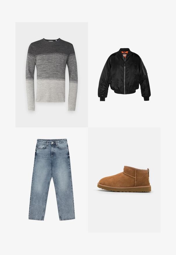 Veste bombardier noire en nylon brillant avec des poignets côtelés, un zip sur le devant et une doublure orange. Dotée d'une poche zippée sur la manche.; Pull gris à manches longues avec un design en blocs de couleur. Présente une texture tricotée, passant d'un gris foncé à un gris clair en bas.; Jean en denim bleu clair avec une coupe droite, couture visible, design à cinq poches et fermeture à bouton à la taille.; Bottine en suède beige avec un bout rond, des détails de couture subtils et une semelle en caoutchouc texturée. Hauteur courte sans lacets.