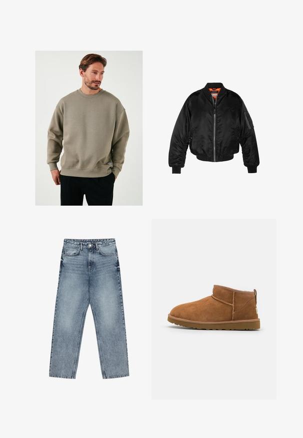 Čierna bomber bunda vyrobená z lesklého nylonového materiálu s rebrovými manžetami, predným zipsom a oranžovou podšívkou. Obsahuje zipsovú vrecko na rukáve.; Olivovo zelená mikina vyrobená z texturovanej tkaniny, s klasickým výstrihom, spadnutými ramenami a malou logovou nášivkou na leme.; Svetlomodré džíny s rovnými nohavicami, viditeľným prešívaním, dizajnom s piatimi vreckami a zapínaním na gombík v oblasti pása.; Svetlohnedé semišové kotníkové boty s kulatou špičkou, jemnými stehy a texturovanou gumovou podrážkou. Krátká výška bez šněrování.