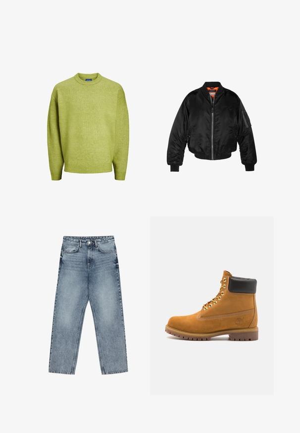 Černá bomber bunda vyrobená z lesklého nylonového materiálu s žebrovanými manžetami, zapínáním na zip a oranžovou podšívkou. Obsahuje zipovou kapsu na rukávu.; Jack & Jones JOROLLIE CREW NECK - Svetr - lima bean green; Světle modré džíny z denimu se střihom rovnými nohavicemi, viditelným šitím, designem s pěti kapsami a knoflíkovým zapínáním v pase.; Hnědé semišové kotníkové boty s černým polstrovaným límcem, zlatými kovovými očky, bílým prošíváním a odolnou gumovou podrážkou s výraznými drážkami.