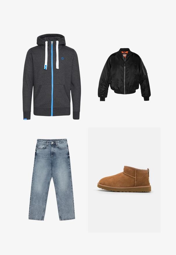 Black bomber jacket made of shiny nylon fabric with ribbed cuffs, a zip front, and an orange lining. Features a zip pocket on the sleeve.; Gray zip-up hoodie with white drawstrings, blue zipper, and logo. Features front pockets and ribbed cuffs and hem. Made from a textured fabric.; Light blue denim jeans with a straight leg cut, visible stitching, five pocket design, and a button closure at the waist.; Tan suede ankle boot with a rounded toe, subtle stitching details, and a textured rubber sole. Short height without laces.