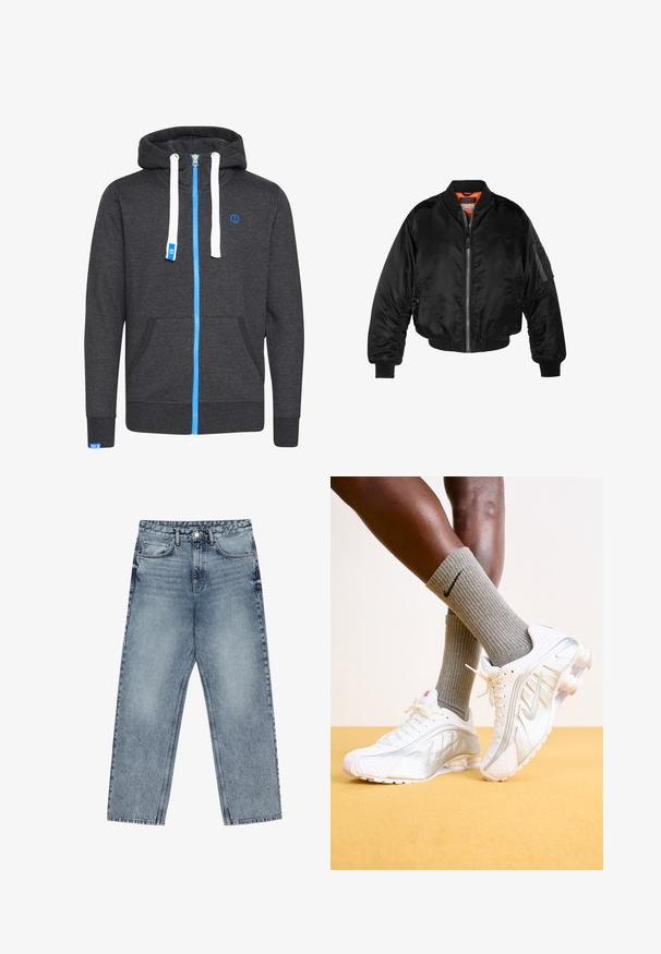 Veste bombardier noire en nylon brillant avec des poignets côtelés, un zip sur le devant et une doublure orange. Dotée d'une poche zippée sur la manche.; Hoodie zippé gris avec cordons blancs, fermeture éclair bleue et logo. Dispose de poches avant et de poignets et ourlet à côtes. Fabriqué à partir d'un tissu texturé.; Jean en denim bleu clair avec une coupe droite, couture visible, design à cinq poches et fermeture à bouton à la taille.; Baskets Nike blanches avec des accents argentés, présentant des panneaux texturés et des perforations. Assorties à des chaussettes grises à côtes, sur un fond jaune.