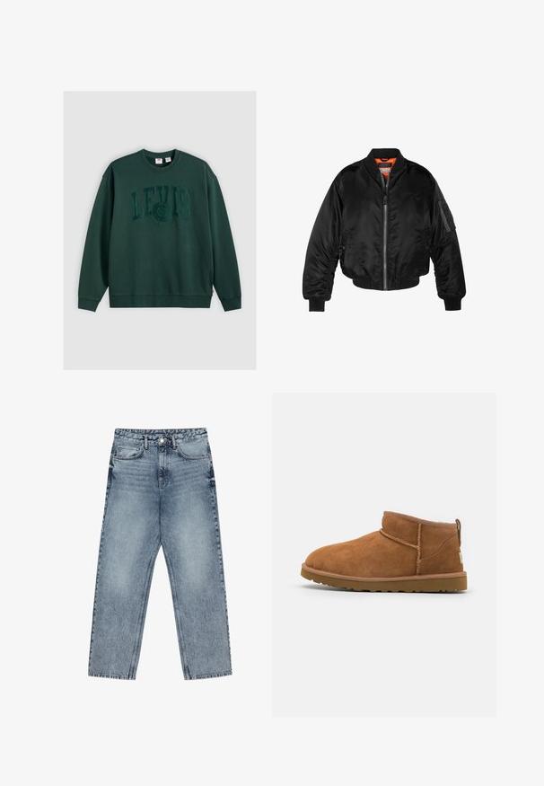 Czarna kurtka bombowiec wykonana z błyszczącego nylonowego materiału, z prążkowanymi mankietami, zamek z przodu i pomarańczową podszewką. Posiada kieszeń na zamku na rękawie.; Ciemnozielona bluza z bawełny, z dużym wytłoczonym logo "LEVI'S" umieszczonym na środku przodu, z ściągaczami na mankietach i dole.; Jasnoniebieskie dżinsy z prostymi nogawkami, widocznym przeszyciem, pięcioma kieszeniami oraz zapięciem na guzik w talii.; Beżowe zamszowe botki za kostkę z okrągłym noskiem, subtelnymi detalami przeszyć oraz teksturowaną gumową podeszwą. Niskie, bez sznurówek.